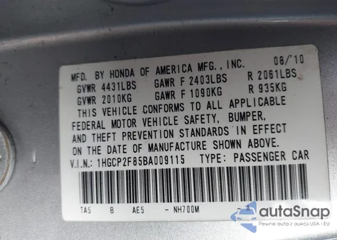 2011 Honda Accord 2.4 Ex-L z USA, uszkodzony, nr VIN 1HGCP2F85BA009115